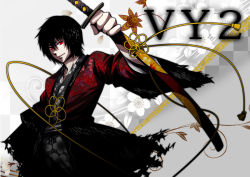 Rule 34 | 1boy, black hair, japanese clothes, katana, male focus, original, plant, red eyes, smile, solo, sword, vocaloid, vy2, weapon, yyukke