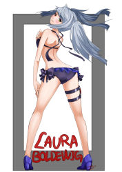 Rule 34 | 10s, 1girl, absurdres, ass, back, bare shoulders, bikini, blush, character name, dated, frills, from behind, heterochromia, high heels, highres, holster, infinite stratos, kneepits, laura bodewig, legs, long hair, looking back, niken, no eyepatch, red eyes, shoes, silver hair, solo, standing, swimsuit, thigh holster, twintails, yellow eyes