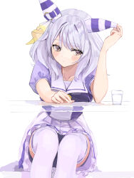 Rule 34 | 1girl, absurdres, animal ears, blush, breasts, brown eyes, closed mouth, ear covers, glass, grey hair, highres, hishi miracle (umamusume), horse ears, looking at viewer, medium breasts, medium hair, school uniform, short hair, sitting, solo, table, thighhighs, tracen school uniform, tsurubami (gaad5227), umamusume, water, white background