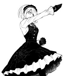Rule 34 | 1girl, breasts, clenched hand, commentary request, danganronpa (series), danganronpa v3: killing harmony, dress, frilled hairband, frills, from below, gloves, greyscale, hair over one eye, hairband, long sleeves, looking at viewer, maid headdress, medium breasts, monochrome, namu (nurui cha), necktie, outstretched arm, shirt, short hair, simple background, solo, spider web print, tojo kirumi, v-shaped eyebrows, white background