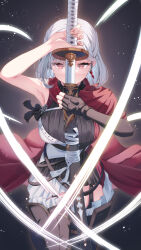 Rule 34 | 1girl, boots, breasts, drawing sword, earrings, final fantasy, final fantasy xiv, fingerless gloves, glasses, gloves, grey hair, highres, holding, holding sword, holding weapon, hyur, jewelry, katana, khr 39, large breasts, looking at viewer, medium hair, red eyes, samurai (final fantasy), semi-rimless eyewear, single fingerless glove, solo, sword, thigh boots, warrior of light (ff14), weapon