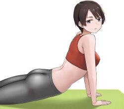 Rule 34 | 1girl, ass, bare shoulders, black hair, breasts, cleavage, commentary request, hair between eyes, hashi, leggings, looking at viewer, medium breasts, original, purple eyes, short hair, simple background, smile, solo, sports bra, tomboy, white background