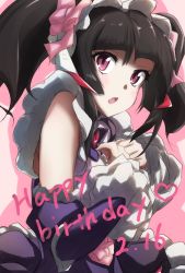 Rule 34 | 1girl, black hair, bnb (18750408), commentary request, dated, frilled sleeves, frills, happy birthday, highres, maid, maid headdress, pink background, purple eyes, senki zesshou symphogear, senki zesshou symphogear xd unlimited, solo, tsukuyomi shirabe, twintails