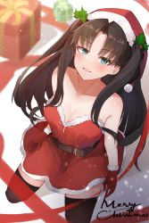 Rule 34 | 1girl, absurdres, black hair, black thighhighs, blue eyes, breasts, christmas, cleavage, fate/stay night, fate (series), gift, gloves, hat, highres, kneeling, long hair, looking at viewer, medium breasts, megu (pixiv9460065), santa costume, santa hat, smile, solo, thighhighs, thighs, tohsaka rin, twintails, two side up