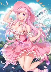 Rule 34 | 1girl, :d, aishen qiaokeli jinxingshi, bad id, bad pixiv id, bare legs, bare shoulders, bracelet, breasts, cleavage, cross-laced footwear, dress, ferris wheel, hat, hat ribbon, highres, jewelry, large breasts, leg up, long hair, necklace, open mouth, pendant, pink hair, purple eyes, ribbon, shoes, smile, solo, thigh gap, xia zitong, yezhi na