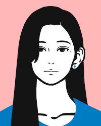 Rule 34 | 1girl, black eyes, black hair, blue shirt, earrings, flat color, highres, jewelry, long hair, looking at viewer, miyoshi yoshimi, mole, mole under eye, original, pink background, shirt, simple background, solo