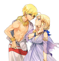 Rule 34 | 1boy, 1girl, ahoge, alternate costume, arnoul, artoria pendragon (fate), bad id, bad pixiv id, blonde hair, blue eyes, bracelet, dress, earrings, fate/zero, fate (series), gilgamesh (fate), hair ribbon, hand on another&#039;s chin, hetero, jewelry, necklace, red eyes, ribbon, saber (fate), topless male, toga, white background