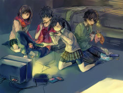 Rule 34 | 2boys, 2girls, angry, bed, bike shorts, black eyes, black hair, brown eyes, cable, chips (food), clenched teeth, closed eyes, crt, dark, eating, enomoto takane, food, frown, glowing, hair ornament, hairclip, interior, kagerou project, kisaragi shintarou, kneeling, kokonose haruka, mole, mole under eye, multiple boys, multiple girls, nuriko-kun, playing games, pocky, potato chips, rca connector, red scarf, room, scarf, school uniform, short hair, shorts, shorts under skirt, sitting, skirt, smile, sparkle, sweat, sweater, tateyama ayano, teeth, television, twintails, video game