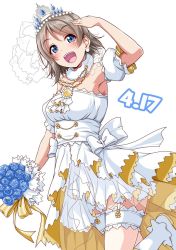Rule 34 | 10s, 1girl, :d, :o, ankle boots, arm up, armpits, bad id, bad twitter id, bare shoulders, blue eyes, blue flower, blue rose, blush, boots, bouquet, bow, brown hair, crown, dated, detached sleeves, dress, earrings, flower, forehead, garter straps, hair between eyes, hand up, happy birthday, highres, jewelry, kneehighs, leg up, lingerie, looking at viewer, love live!, love live! school idol project, love live! sunshine!!, open mouth, ring, rose, salute, short hair, short sleeves, simple background, smile, socks, solo, strapless, strapless dress, swept bangs, teeth, thighs, tiara, underwear, watanabe you, wedding dress, wedding ring, white background, white bow, white dress, white footwear, white socks, yopparai oni