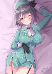 Rule 34 | 1girl, absurdres, ascot, beret, black gloves, black hair, blanket, blue hat, blush, breasts, garter straps, gloves, hat, highres, hizaka, kantai collection, large breasts, looking at viewer, lying, military, military uniform, on bed, one eye closed, red eyes, short hair, signature, skirt, smile, solo, takao (kancolle), twitter username, uniform