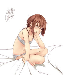 Rule 34 | 1girl, barefoot, bed sheet, blush, bra, brown eyes, brown hair, character name, collarbone, hair between eyes, hand on own cheek, hand on own face, kantai collection, navel, panties, pillow, rizzl, short hair, signature, simple background, solo, twitter username, underwear, underwear only, wakaba (kancolle), white background, white bra, white panties