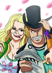 Rule 34 | 1boy, 1girl, aged down, black headwear, blonde hair, bottle, brown hair, dr. hiluluk, dr. kureha, glasses, hand on headwear, hat, highres, holding, holding bottle, holding paper, lipstick, long hair, looking at another, looking at viewer, makeup, one piece, open mouth, paper, round eyewear, short hair, smile, teeth, tina fate, tongue, tongue out, top hat