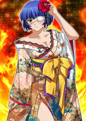 Rule 34 | 00s, 1girl, blue hair, breasts, cleavage, closed eyes, collarbone, eyepatch, flower, green eyes, hair flower, hair ornament, ikkitousen, japanese clothes, jpeg artifacts, kimono, medical eyepatch, medium breasts, mole, mole under mouth, red flower, ryomou shimei, shiny skin, short hair, smile, solo, yukata