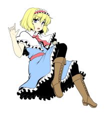 Rule 34 | 1girl, \m/, alice margatroid, ascot, blonde hair, blue eyes, book, boots, brown footwear, capelet, cross-laced footwear, dress, full body, hairband, isaki (gomi), looking at viewer, open mouth, pantyhose, sash, simple background, solo, touhou, white background