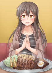 Rule 34 | 1girl, akagi (kancolle), alternate costume, anti (untea9), black shirt, blouse, blush, breasts, brown eyes, brown hair, cabbage, collarbone, eating, egg (food), food, hair between eyes, highres, jacket, kantai collection, meat, medium breasts, open mouth, plate, sauce, sausage, shirt, shrimp, sitting, solo, striped clothes, striped shirt, table, tempura
