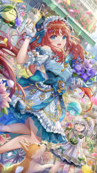 Rule 34 | 2girls, aranara (genshin impact), blue dress, blue eyes, blush, bouquet, breasts, brooch, dog, dress, fake horns, flower, frilled hairband, frills, fungi (genshin impact), genshin impact, gloves, gradient hair, green eyes, green hair, hair flower, hair ornament, hairband, highres, horns, jewelry, leaf hair ornament, long hair, looking at viewer, low twintails, medium breasts, multicolored hair, multiple girls, nahida (genshin impact), nilou (genshin impact), nilou (gigo) (genshin impact), official alternate costume, open mouth, pointy ears, puffy short sleeves, puffy sleeves, red hair, short sleeves, side ponytail, sidelocks, sleeveless, sleeveless dress, small breasts, smile, symbol-shaped pupils, thighs, torino aqua, twintails, white dress, white gloves, white hair