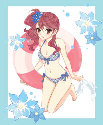 Rule 34 | 1girl, :d, bad id, bad pixiv id, barefoot, bikini, blush, border, bow, breasts, brown eyes, brown hair, cleavage, earrings, feet, female focus, flower, front-tie top, full body, hair flower, hair ornament, high heels, highres, holding, holding shoes, innertube, jewelry, kneeling, long hair, medium breasts, nail polish, navel, open mouth, orange eyes, original, pink hair, plaid, ponytail, shoes, side ponytail, smile, solo, swim ring, swimsuit, tencha, thigh gap, thighs