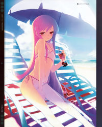 Rule 34 | 1girl, absurdres, beach, bikini, blush, bottle, breasts, coca-cola, copyright name, day, drink, hair ornament, hairpin, half-closed eyes, highres, kawata hisashi, long hair, lucy maria misora, navel, open mouth, outdoors, pink hair, red eyes, side-tie bikini bottom, sitting, sky, small breasts, solo, swimsuit, to heart, to heart (series), to heart 2, very long hair, white bikini