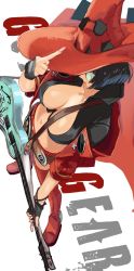Rule 34 | 1girl, black hair, boots, breasts, cleavage, collarbone, collared shirt, dondobi, electric guitar, fingerless gloves, from above, glasses, gloves, green-tinted eyewear, green-tinted glasses, guilty gear, guilty gear strive, guitar, hat, highres, i-no, instrument, large breasts, looking over eyewear, looking over glasses, middle finger, mole, mole above mouth, red hat, shirt, short hair, solo, sunglasses, thigh boots, thighhighs, tinted eyewear, witch hat