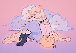 Rule 34 | 1girl, bishoujo senshi sailor moon, black socks, blonde hair, closed eyes, cloud, crescent, crescent facial mark, crescent moon, double bun, facial mark, full body, glowing, gradient background, hair bun, highres, knees up, long hair, long skirt, meyoco, moon, no nose, pink background, pink sweater, purple background, purple skirt, sitting, skirt, smile, socks, solo, sparkle, sweater, tsukino usagi, twintails, very long hair
