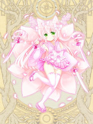 Rule 34 | 1girl, animal ear fluff, animal ears, bare shoulders, bow, character request, closed mouth, dairoku ryouhei, detached sleeves, flower, fox ears, fox girl, fox tail, frilled sleeves, frills, full body, green hair, hair bow, holding, holding sword, holding weapon, japanese clothes, katana, kimono, kitsune, kyuubi, long hair, long sleeves, multiple tails, official art, pink footwear, pink hair, pink kimono, pink sleeves, prehensile hair, sandals, shikito (yawa0w0), sleeveless, sleeveless kimono, smile, solo, standing, standing on one leg, sword, tail, thighhighs, very long hair, weapon, white bow, white flower, white thighhighs, wide sleeves, zouri