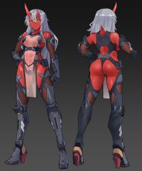 Rule 34 | 1girl, abs, absurdres, arm at side, ass, asymmetrical horns, breasts, colored skin, commission, elbow gloves, from behind, full body, gloves, gradient background, grey background, grey hair, hand on own hip, high heels, highres, horns, large breasts, long hair, looking at viewer, multiple views, original, pelvic curtain, pouch, red skin, ringobatake, scar, scar on leg, science fiction, see-through, skeb commission, skin-covered horns, solo, standing, thighhighs, uneven horns, yellow eyes