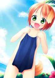 Rule 34 | 1girl, animal ears, beach, blush, brown hair, clothes in front, cloud, competition school swimsuit, day, dog ears, dog tail, dutch angle, fang, flat chest, green eyes, inuarashi, meiko (inuarashi), nude, one-piece swimsuit, original, outdoors, school swimsuit, short hair, sky, smile, solo, sun, swimsuit, unworn swimsuit, tail, water