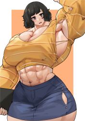 Rule 34 | 1girl, abs, absurdres, blush, book, breasts, curvy, female focus, flexing, highres, kawakami sadayo, large breasts, matching hair/eyes, midriff, musctonk, muscular, muscular female, navel, persona, persona 5, short hair, solo, thick thighs, thighs, torn clothes