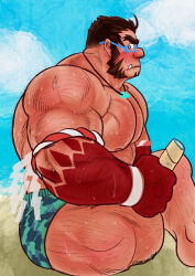 Rule 34 | 1boy, absurdres, bara, beach, blush, colored skin, feet out of frame, forked eyebrows, from side, glasses, gradient skin, green male swimwear, hachimaki, hairy, headband, highres, huge pectorals, jewelry, large hands, looking at viewer, magatama, magatama necklace, male focus, male swimwear, mature male, muscular, muscular male, mutton chops, necklace, nejiri hachimaki, profile, red skin, sand, short hair, sideways glance, sitting, solo, sparse arm hair, sparse chest hair, sparse leg hair, sparse navel hair, strongman waist, swim trunks, taigaabozusukii, tajikarao (housamo), thick eyebrows, thick neck, tokyo houkago summoners, topless male, tusks