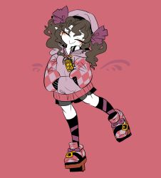 Rule 34 | 1girl, black skirt, black socks, bow, brown hair, cellphone, checkered footwear, checkered hoodie, closed eyes, closed mouth, colored skin, footwear bow, geta, hair bow, hat, himekaidou hatate, hood, hoodie, jacket, leg up, miniskirt, phone, pink hat, pink jacket, purple bow, see-through silhouette, shoes, simple background, skirt, smartphone, socks, solo, touhou, twintails, white skin, yt (wai-tei)