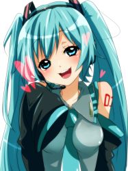 Rule 34 | 1girl, aqua eyes, aqua hair, blush, breasts, detached sleeves, face, female focus, hatsune miku, head tilt, headset, heart, long hair, necktie, negiko, open mouth, simple background, sleeves past wrists, smile, solo, twintails, vocaloid, white background