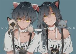 Rule 34 | 1boy, 1girl, animal ears, brother and sister, cat, cat ears, dangmill, looking at viewer, siblings, simple background, yellow eyes
