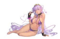 Rule 34 | 1girl, arm support, bare legs, barefoot, bb (fate), bb (fate) (all), bb (swimsuit mooncancer) (fate), bb (swimsuit mooncancer) (second ascension) (fate), bead bracelet, beads, bikini, black gloves, bracelet, breasts, collar, cosmetics, dark-skinned female, dark skin, earrings, fate/grand order, fate (series), fingerless gloves, gloves, hair ornament, hair ribbon, heart, highres, jewelry, large breasts, lipstick tube, long hair, may (2747513627), navel, parted lips, pink nails, pink ribbon, purple bikini, purple eyes, purple hair, ribbon, simple background, sitting, smile, solo, star (symbol), star earrings, star hair ornament, swimsuit, tan, thigh gap, very long hair, white background, yokozuwari