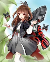 Rule 34 | 1girl, :d, antenna hair, blue sky, brown hair, bug, butterfly, butterfly wings, day, flower, grey skirt, hair flower, hair ornament, highres, insect, insect wings, leaf, long hair, long sleeves, looking at viewer, norikoseal, open mouth, outdoors, red eyes, sidelocks, skirt, sky, smile, solo, thighhighs, white thighhighs, wings