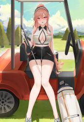 Rule 34 | 1girl, absurdres, azur lane, bag, bare arms, bare legs, bare shoulders, between legs, black skirt, blonde hair, blush, breasts, cleavage, clemenceau (azur lane), clemenceau (splendid breeze) (azur lane), collared shirt, crop top, day, duffel bag, gloves, gluteal fold, golf cart, golf club, highres, holding, holding golf club, large breasts, long hair, looking at viewer, midriff, miniskirt, no bra, nose blush, official alternate costume, open mouth, outdoors, panties, pencil skirt, pink panties, ponytail, qing wu, red eyes, shirt, shoes, sitting, skirt, sleeveless, sleeveless shirt, solo, sweat, thighs, underwear, very long hair, white footwear, white gloves, white shirt