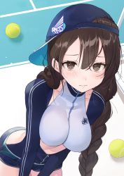 Rule 34 | 1girl, arched back, backless outfit, backwards hat, bad id, bad pixiv id, ball, baseball cap, belt, blue hat, blush, braid, breasts, brown eyes, brown hair, closed mouth, commentary request, crop top, denim, denim shorts, eyelashes, hair between eyes, hat, highres, large breasts, leaning forward, long hair, looking at viewer, original, short shorts, shorts, single braid, solo, sweat, tennis ball, tonito, twin braids, zipper