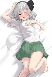 Rule 34 | 1girl, ;o, absurdres, arm up, bare legs, barefoot, bed sheet, black bow, black hairband, blue eyes, blush, bow, bow hairband, breasts, collared shirt, commentary request, ghost, green skirt, grey hair, hair between eyes, hairband, hand on own chest, highres, knee up, konpaku youmu, konpaku youmu (ghost), lying, medium breasts, medium hair, on back, on bed, one eye closed, partially unbuttoned, pleated skirt, shirt, shirt tucked in, short sleeves, sidelocks, skirt, speech bubble, touhou, translation request, white shirt, youmu-kun
