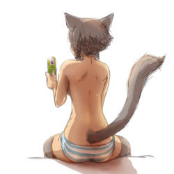 Rule 34 | 00s, 10s, 1girl, animal ears, ass, black hair, blue panties, cat ears, cat girl, cat tail, cellphone, final fantasy, final fantasy xi, final fantasy xiv, from behind, miqo&#039;te, mithra (ff11), nucomas, panties, paw print, phone, sitting, solo, striped clothes, striped panties, tail, thighhighs, topless, underwear