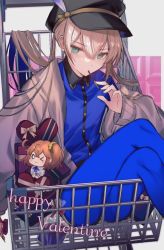 Rule 34 | &gt; o, 1boy, aqua eyes, black hat, blue hair, blue pantyhose, blue shirt, box, brown cardigan, buttons, captain nemo (fate), cardigan, character doll, crossed legs, fate/grand order, fate (series), food, fujimaru ritsuka (female), gift, gift box, hair between eyes, hat, hat feather, heart-shaped box, highres, light brown hair, long hair, long sleeves, looking at viewer, male focus, mouth hold, multicolored hair, nemo (fate), one eye closed, pantyhose, pocky, sherry 0014, shirt, shopping cart, simple background, sitting, solo, trap, twintails, twitter username, valentine, very long hair