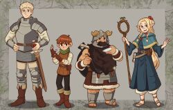 Rule 34 | 1girl, 3boys, ambrosia (dungeon meshi), armor, beard, blonde hair, boots, brown hair, commentary, dungeon meshi, dwarf, elf, english commentary, facial hair, falin touden, full body, grey background, halfling, highres, holding, holding ladle, holding staff, ladle, laios touden, long beard, long hair, long sleeves, looking at viewer, marcille donato, multiple boys, plate armor, pointy ears, senshi (dungeon meshi), short hair, smile, staff, standing, sword, very long beard, weapon