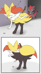 Rule 34 | 1boy, 1girl, animal ears, animal hands, anus, artist request, ass, bent over, black hair, blue eyes, braixen, camera, claws, closed eyes, coin, comic, creatures (company), fang, feet, flat color, fox ears, fox tail, from behind, furry, game freak, gen 5 pokemon, gen 6 pokemon, highres, long hair, multicolored hair, multiple views, musical note, nintendo, no humans, open mouth, pokemon, pokemon (creature), pokemon bw, pokemon xy, pussy, reaching, red hair, smile, spoken musical note, standing, stick, tail, two-tone hair, uncensored, wolf ears, zoroark