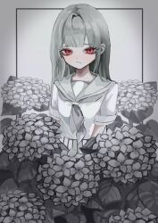 Rule 34 | 1girl, arms at sides, closed mouth, flower, greyscale, highres, hydrangea, long hair, looking at viewer, monochrome, neckerchief, original, outside border, pleated skirt, red eyes, sailor collar, sailor shirt, school uniform, serafuku, shiona (siona0625), shirt, short sleeves, skirt, solo, spot color, standing, straight hair, upper body