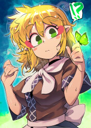 Rule 34 | !?, 1girl, blonde hair, blue background, blush stickers, breasts, bug, butterfly, carte, covered erect nipples, glowing, green background, green eyes, hands up, highres, insect, large breasts, medium hair, mizuhashi parsee, pointy ears, simple background, solo, sparkle, spoken interrobang, touhou
