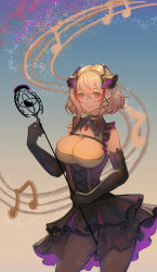 Rule 34 | 1girl, azur lane, black dress, black gloves, black pantyhose, blonde hair, breasts, choker, cleavage, closed mouth, contrapposto, crossed bangs, dress, elbow gloves, gloves, hair between eyes, highres, large breasts, looking at viewer, medium hair, microphone, microphone stand, multicolored hair, musical note, pantyhose, roon (azur lane), roon (muse) (azur lane), sidelocks, smile, solo, standing, streaked hair, yellow eyes, zel (o q)