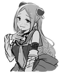 Rule 34 | 1girl, assault lily, bare shoulders, blush, cropped torso, detached sleeves, finger to own chin, greyscale, grin, hairpods, hand up, highres, layered sleeves, long hair, looking at viewer, monochrome, neckerchief, odaiba girls high school uniform, parted bangs, parted lips, pleated skirt, sailor collar, school uniform, serafuku, shiba tomoshibi, shirt, simple background, sketch, skirt, sleeveless, sleeveless shirt, sleeves past wrists, smile, solo, standing, tareko, upper body, very long hair, wavy hair, white background