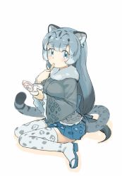 Rule 34 | 10s, 1girl, animal ears, animal print, blue eyes, blue footwear, expressionless, food, frilled sleeves, frills, from side, full body, fur collar, gradient hair, grey hair, hair ornament, hands up, holding, ice cream, japanese clothes, jpeg artifacts, kanemaru (knmr fd), kemono friends, leopard ears, leopard print, leopard tail, long hair, long sleeves, looking at viewer, low-tied long hair, multicolored hair, official art, pleated skirt, print thighhighs, protected link, sandals, simple background, sitting, skirt, snow leopard (kemono friends), solo, tail, tareme, thighhighs, very long hair, wariza, white background, white thighhighs, wide sleeves, zettai ryouiki