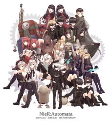 Rule 34 | 6+boys, 6+girls, :d, ^ ^, absurdres, adam (nier:automata), anemone (nier:automata), anniversary, black blindfold, black eyes, black gloves, black hair, black hairband, black jacket, black legwear, black pants, black shorts, blindfold, blonde hair, blue eyes, boots, braid, breasts, brown hair, buttons, character request, cleavage, cleavage cutout, cloak, closed eyes, clothing cutout, commentary, commentary request, copyright name, crossed legs, devola, double-breasted, dress, elbow gloves, emil (nier), eve (nier:automata), everyone, flower, frown, full body, gears, gloves, green eyes, grey eyes, hair between eyes, hair flower, hair ornament, hairband, hand on another&#039;s head, highres, hood, hood up, hooded cloak, jackass (nier:automata), jacket, jewelry, knees up, long hair, looking at viewer, medium breasts, multiple boys, multiple girls, necklace, nier:automata, nier (series), open mouth, operator 21o, operator 6o, own hands together, pants, pascal (nier:automata), pod (nier:automata), ponytail, popola, puffy short sleeves, puffy sleeves, purple eyes, red dress, red eyes, red girl (nier), red hair, red hairband, red pants, robot, shirt, short hair, short sleeves, shorts, siblings, silver hair, sisters, sitting, small breasts, smile, tamakingx422x, thigh boots, thighhighs, topless male, torn clothes, torn legwear, twins, veil, very long hair, white gloves, white shirt, commander (nier:automata), 2b (nier:automata), 9s (nier:automata), a2 (nier:automata)