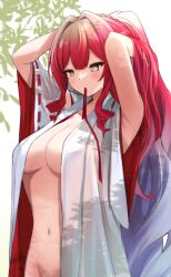 Rule 34 | 1girl, armpits, arms behind head, arms up, baobhan sith (fate), blush, breasts, cleavage, fate/grand order, fate (series), grey eyes, japanese clothes, kimono, large breasts, long hair, looking at viewer, navel, open clothes, open kimono, pink hair, ponytail, shibakame, sidelocks, solo, tying hair, white kimono, wide sleeves