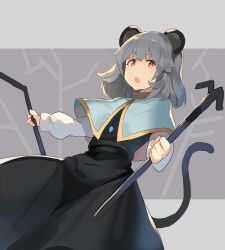 Rule 34 | 1girl, :o, animal ears, bad id, bad twitter id, black dress, blue capelet, capelet, commentary request, dowsing rod, dress, falken (yutozin), feet out of frame, grey background, grey hair, highres, holding, jewelry, long sleeves, looking at viewer, mouse ears, mouse tail, nazrin, one-hour drawing challenge, open mouth, pendant, puffy sleeves, red eyes, shirt, short hair, solo, tail, touhou, two-tone background, white shirt