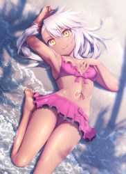 Rule 34 | 1girl, :d, armpits, bare legs, barefoot, beach, bikini, bikini skirt, blush, breasts, chloe von einzbern, collarbone, commentary request, dark-skinned female, dark skin, day, fate/kaleid liner prisma illya, fate (series), feet, frilled bikini, frills, from above, goribote, hair between eyes, long hair, looking at viewer, lying, navel, ocean, on back, open mouth, outdoors, pink bikini, revision, sand, silver hair, small breasts, smile, solo, stomach tattoo, swimsuit, tattoo, water, wet, yellow eyes